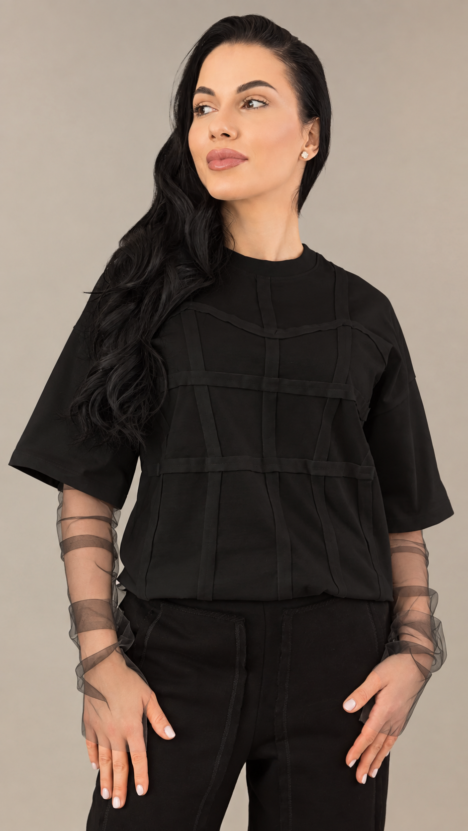 Compleu dama negru cu elemente de corset si maneci din tull detasabile