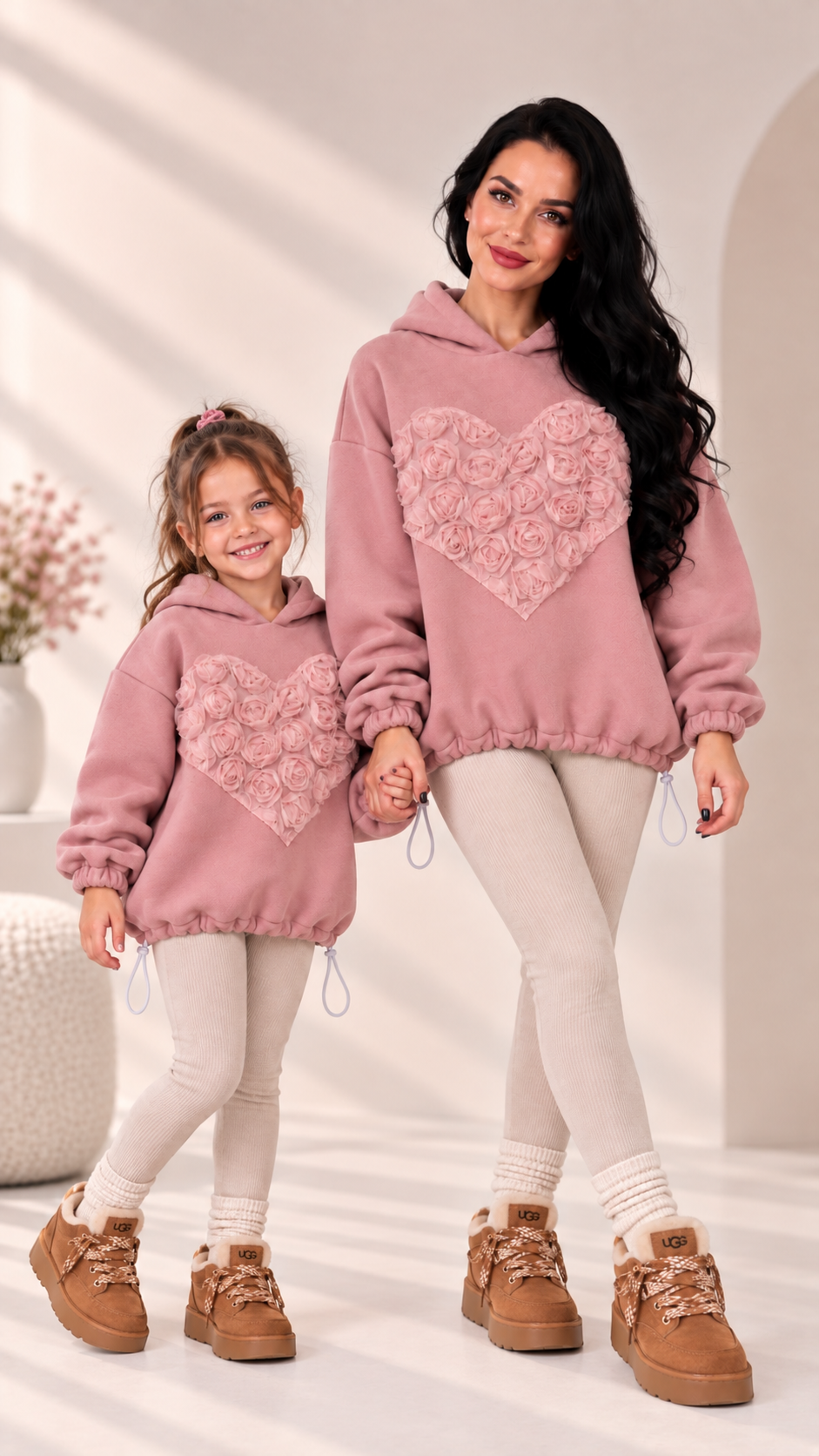 Set hanorace roz pudra cu aplicatie de trandafiri din organza