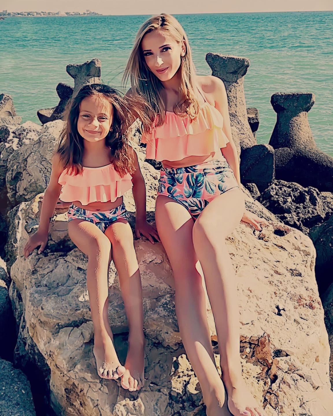 Set 2 Costume de Baie Mama - Fiica - Print Floral Corai