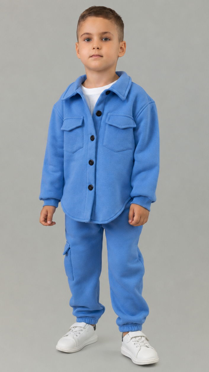 Trening baieti albastru format din jacheta tip camasa si pantaloni jogger