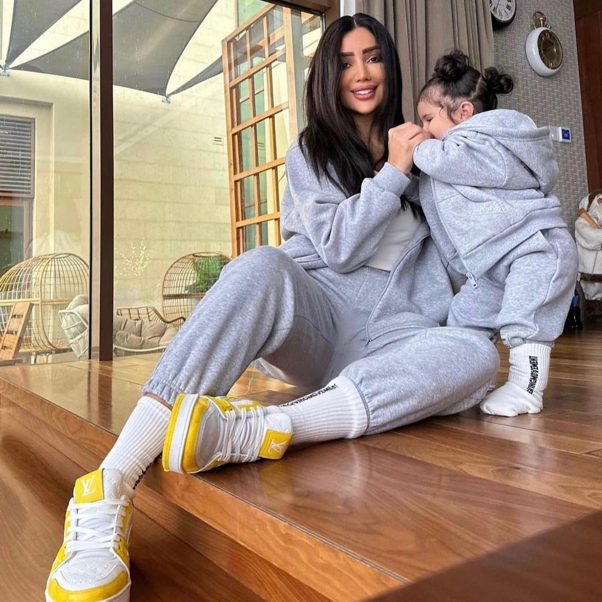 Set Treninguri Mommy & Mini cu fermoar si mesaj imprimat - Grey