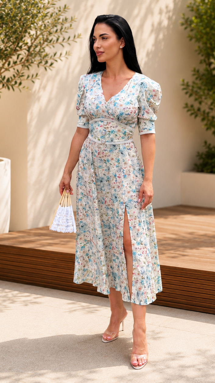 Rochie dama midi cu imprimeu floral bleu