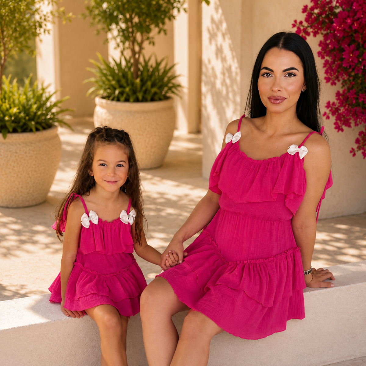 Set rochii mama fiica din muselina magenta cu trena, volane si funde aplicate