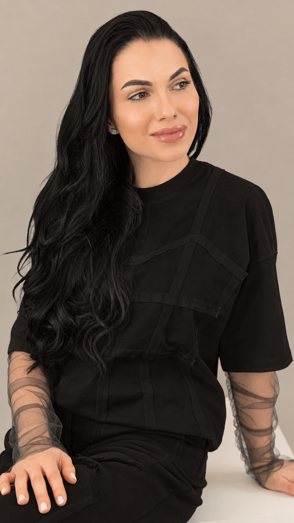 Compleu dama negru cu elemente de corset si maneci din tull detasabile