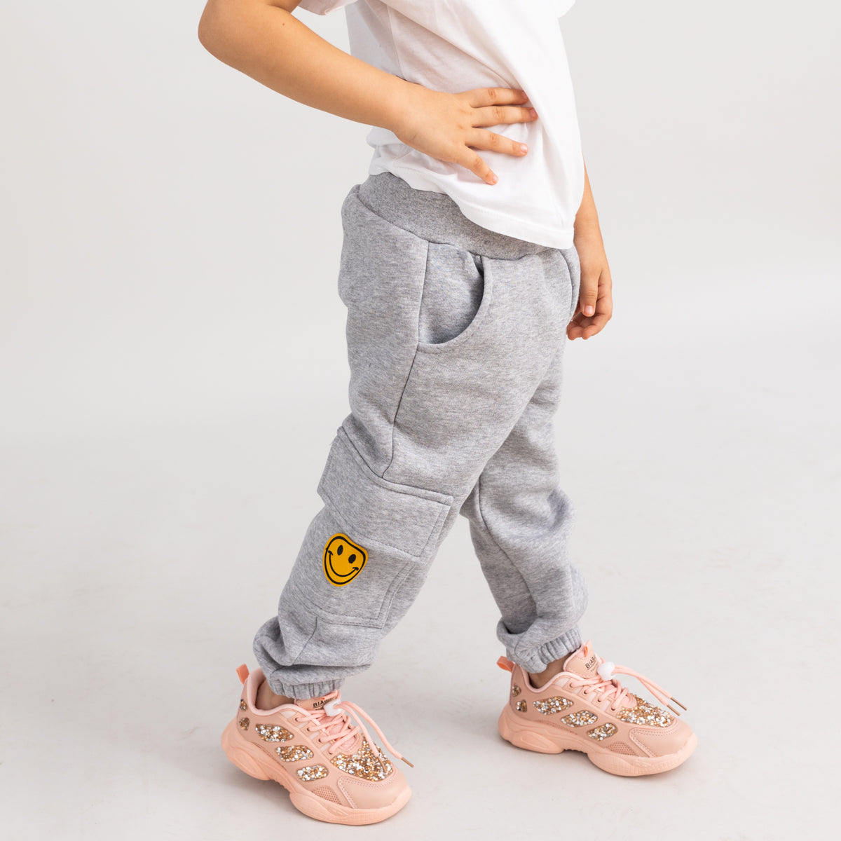Pantaloni trening fete cargo gri melange - Smiley Face