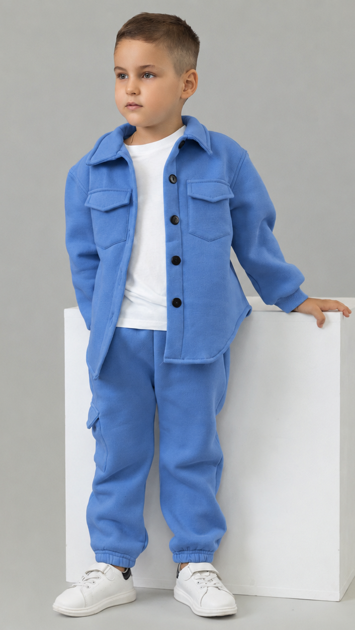 Trening baieti albastru format din jacheta tip camasa si pantaloni jogger