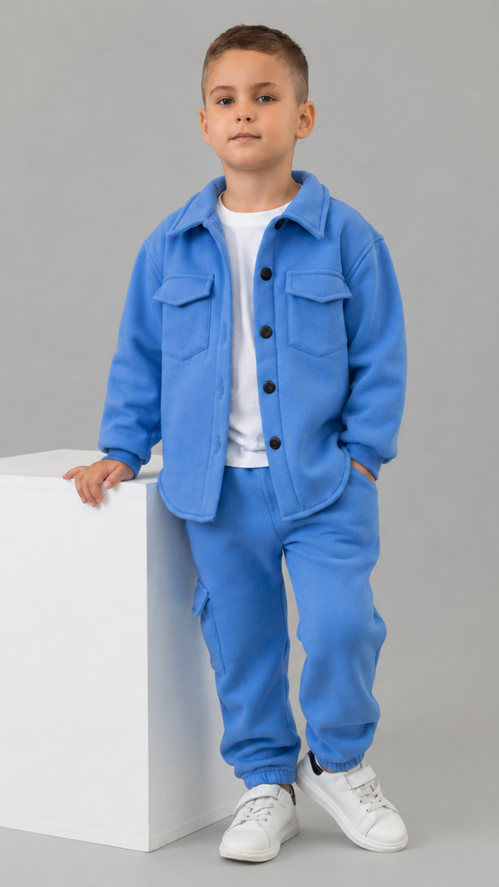 Trening baieti albastru format din jacheta tip camasa si pantaloni jogger