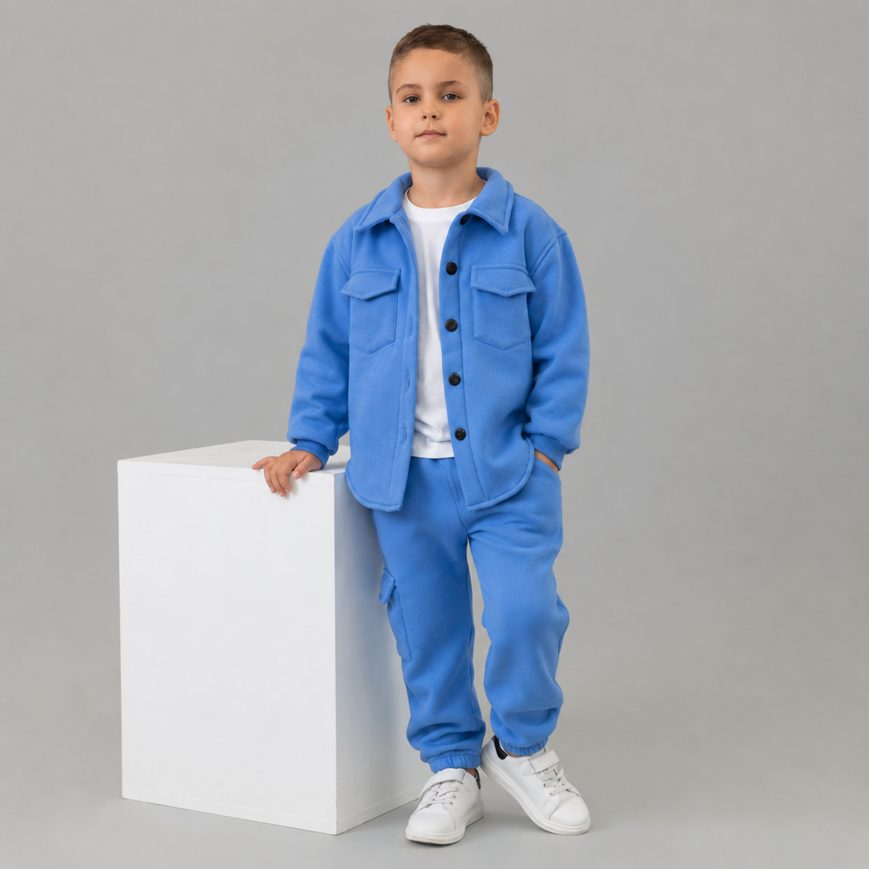 Trening baieti albastru format din jacheta tip camasa si pantaloni jogger