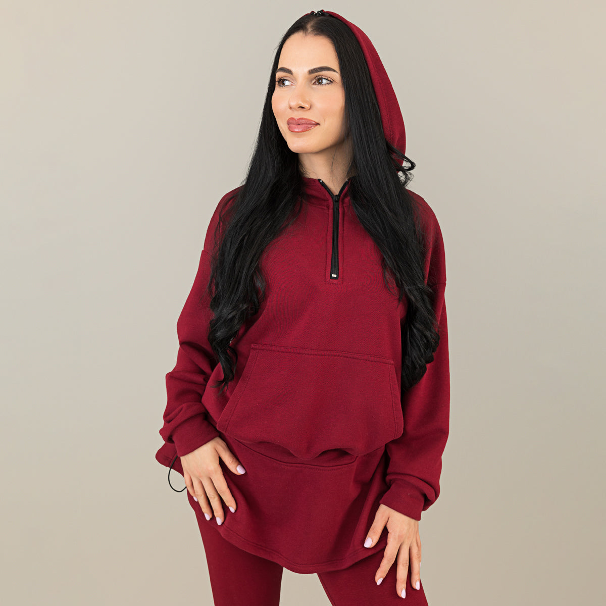 Hanorac dama burgundy oversize cu gluga