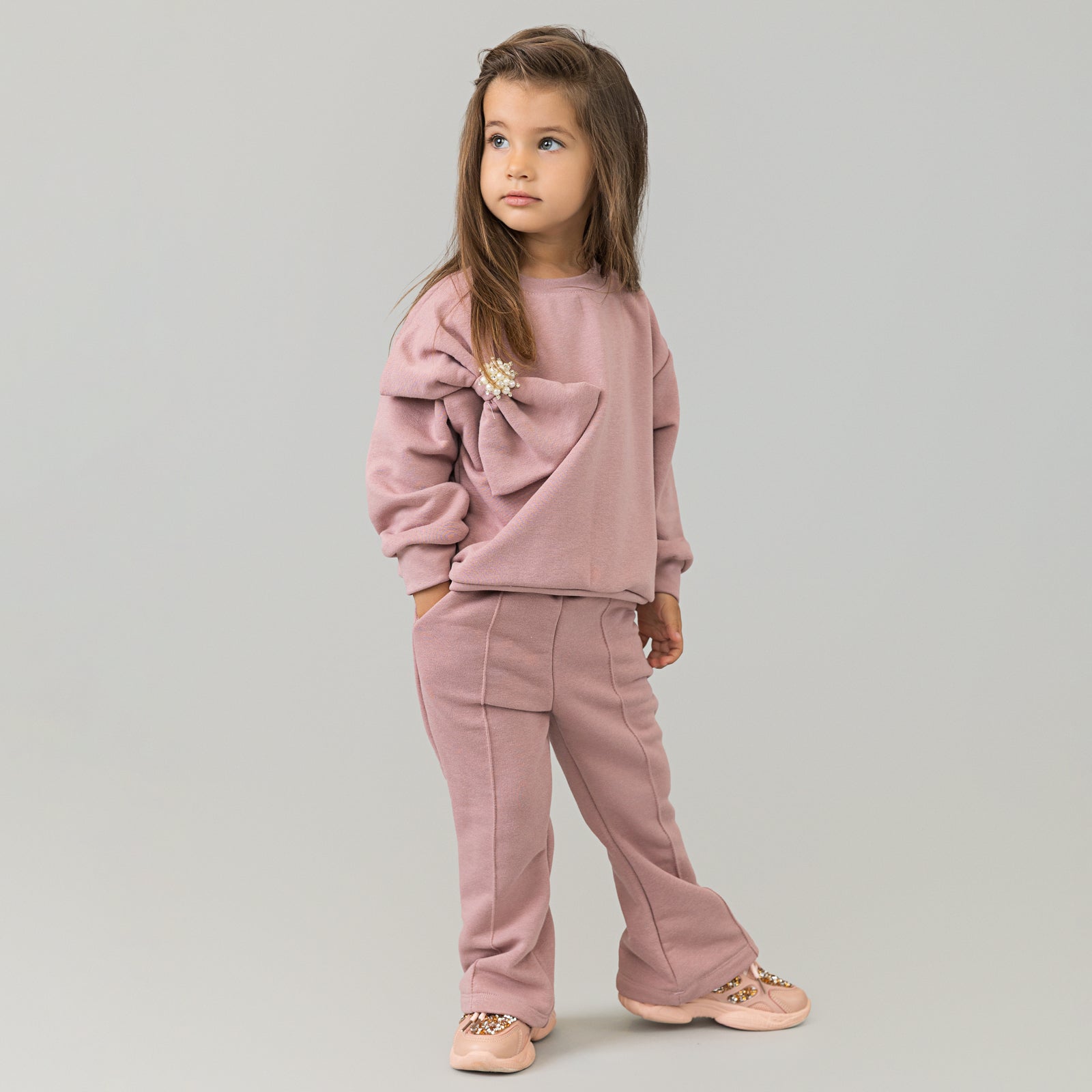 Set treninguri mama fiica roz pudra cu funda supradimensionata decorata cu perle