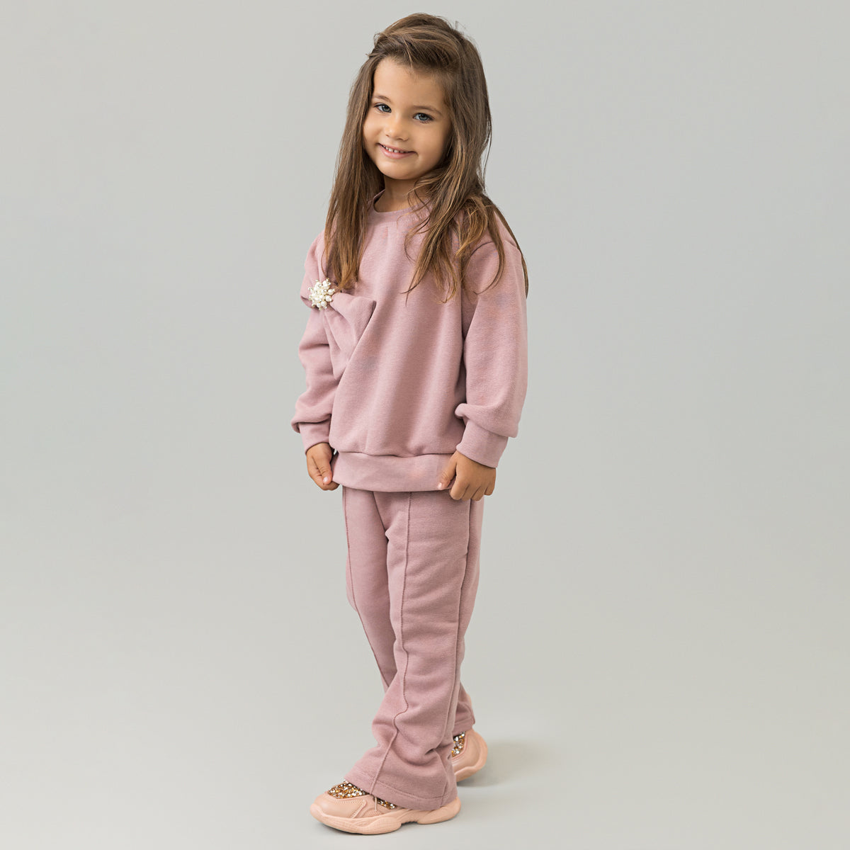 Set treninguri mama fiica roz pudra cu funda supradimensionata decorata cu perle