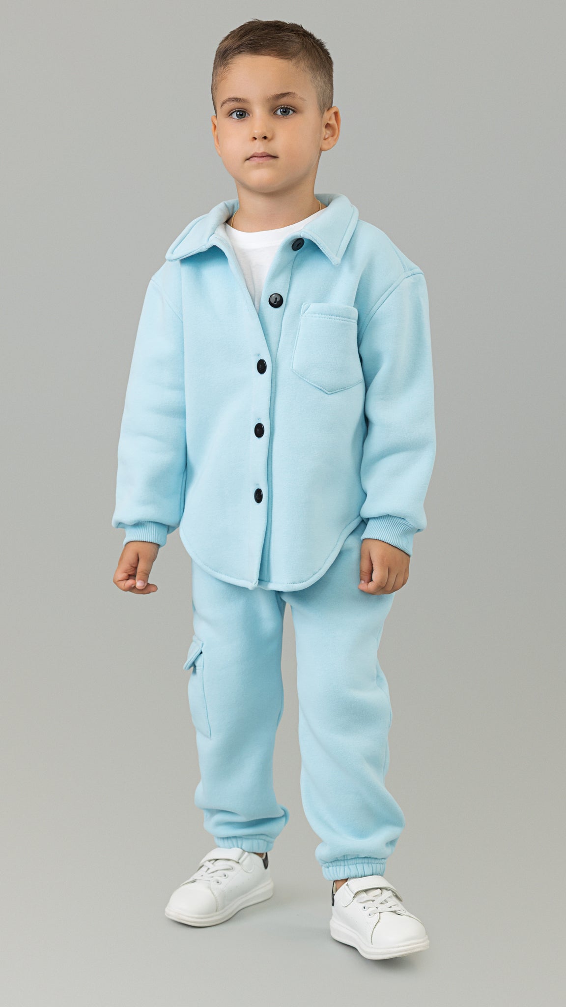 Trening copii bleu format din jacheta tip camasa si pantaloni jogger