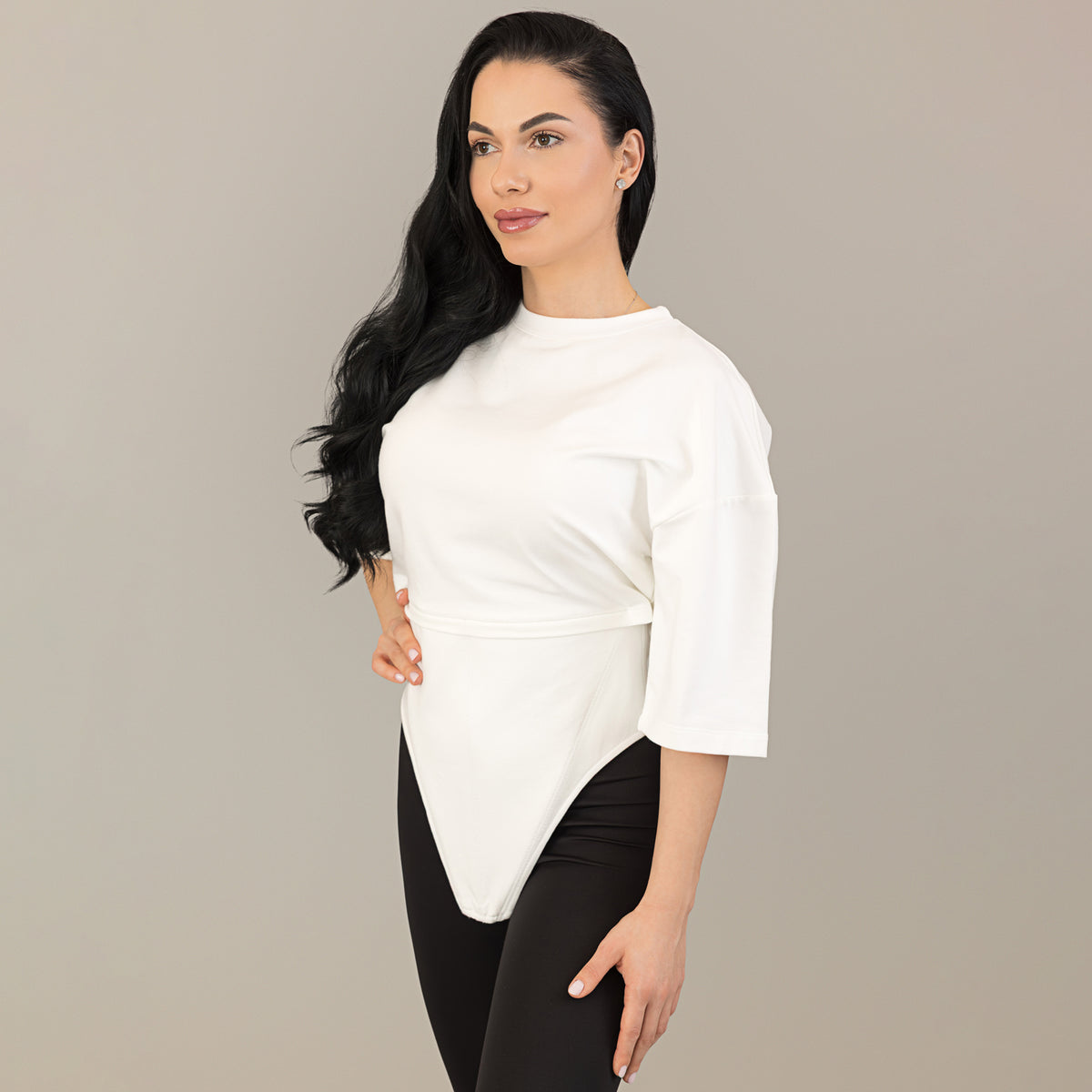 Tricou off white din bumbac premium cu corset
