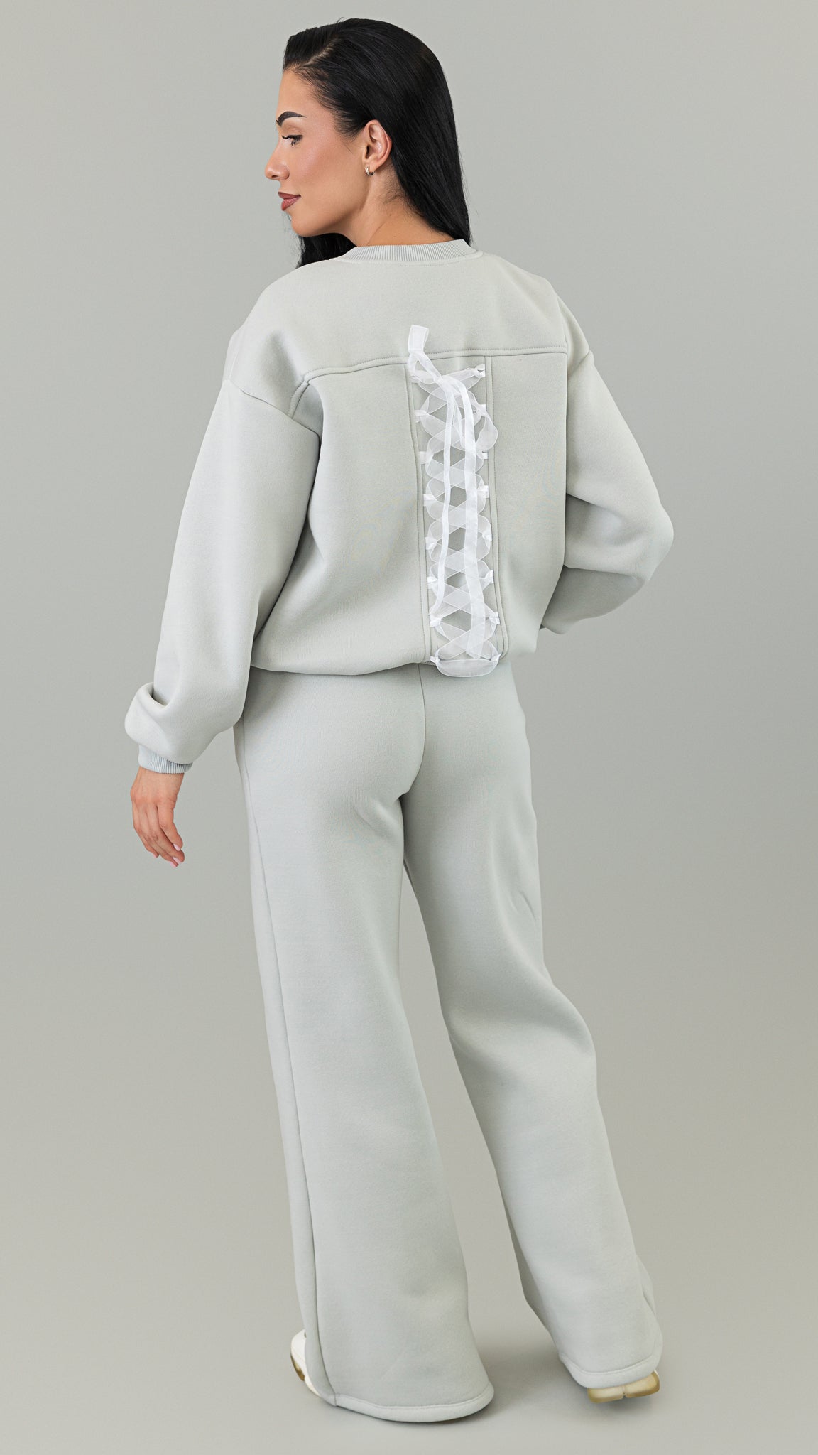 Trening dama gri cu funda din organza si detaliu corset la spate