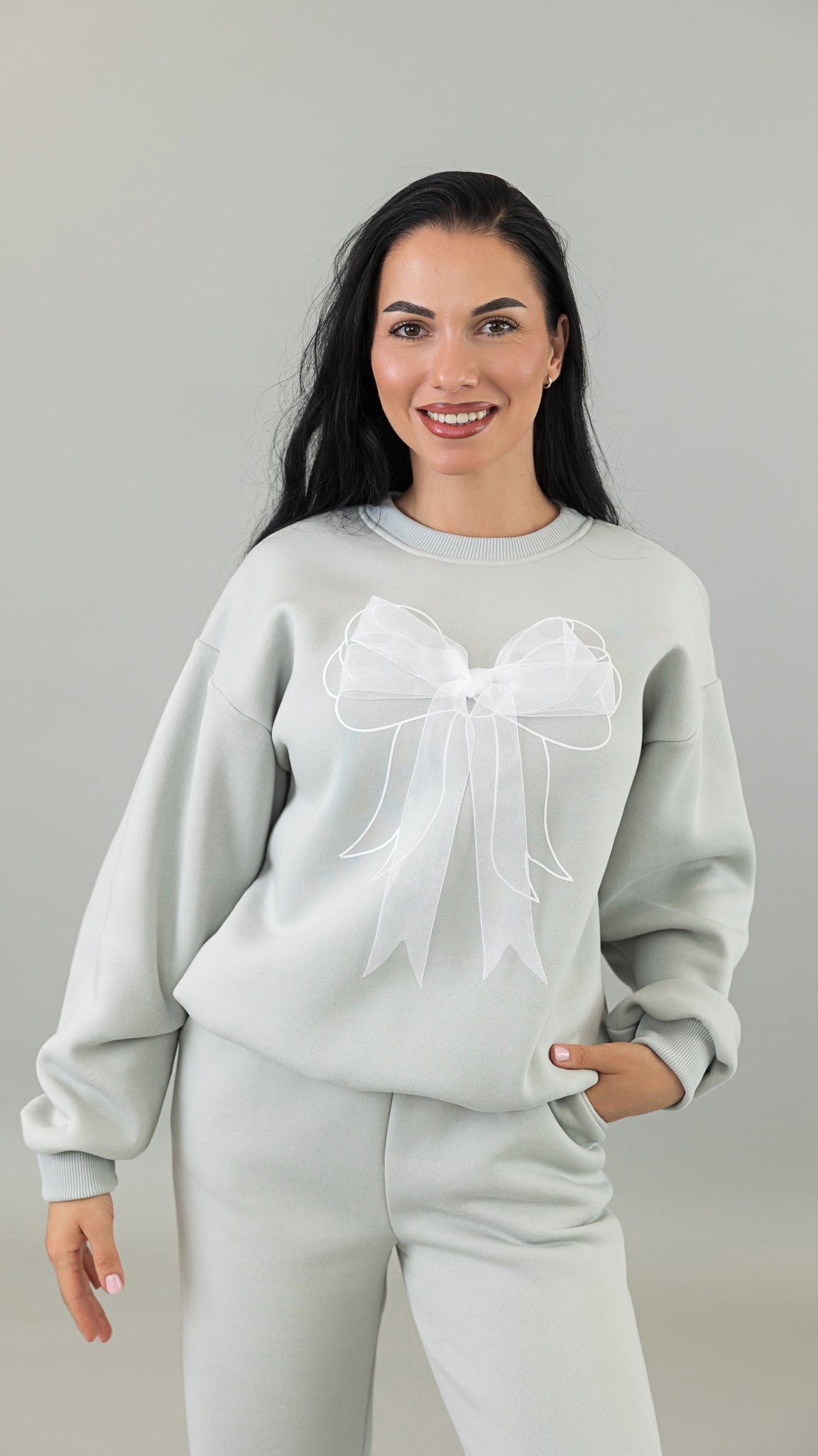 Trening dama gri cu funda din organza si detaliu corset la spate