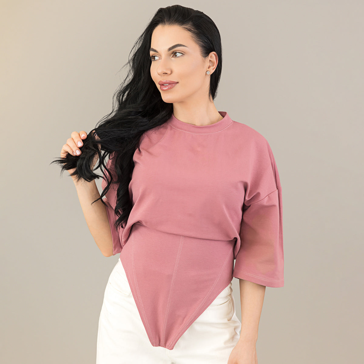 Tricou mesa rose din bumbac premium cu corset