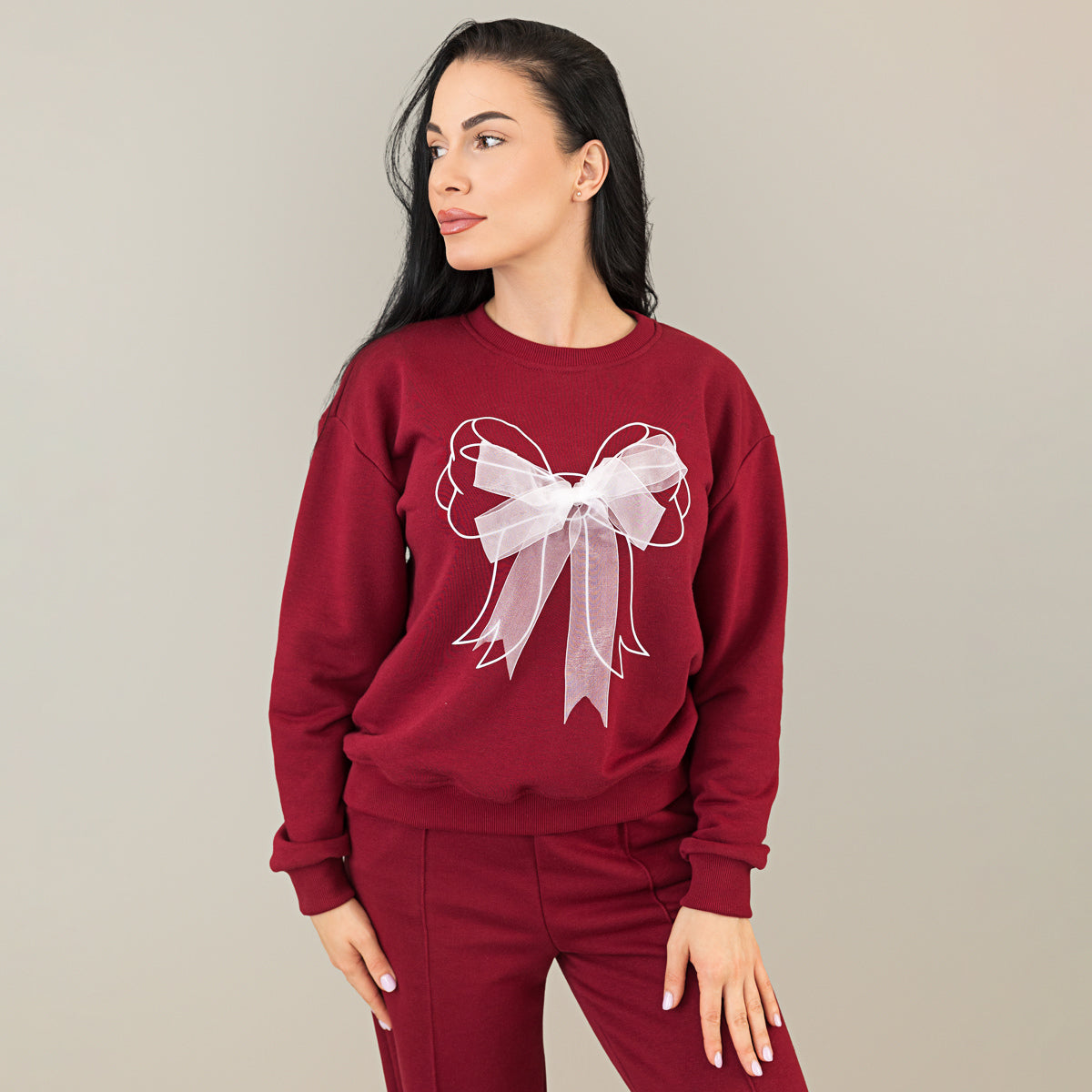 Trening dama burgundy cu funda din organza si detaliu corset la spate
