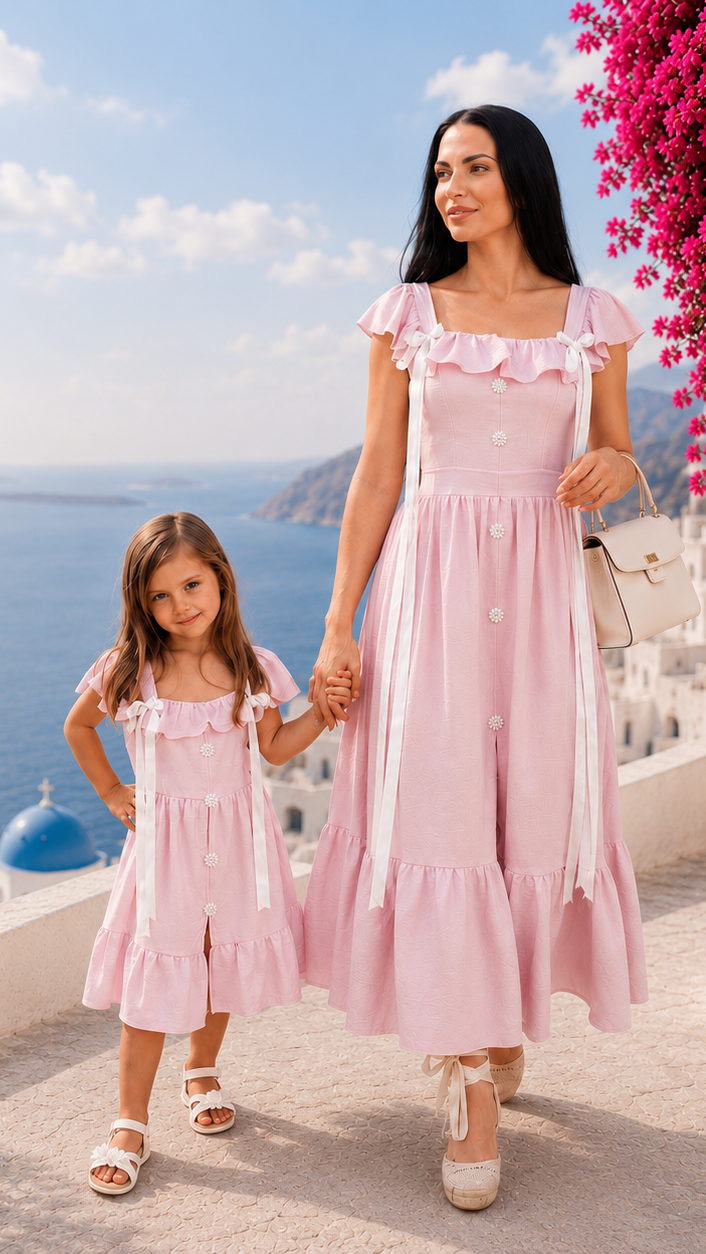 Set rochii mama fiica roz cu volane, nasturi decorativi si funde albe satinate