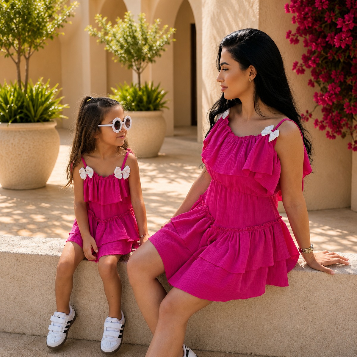 Set rochii mama fiica din muselina magenta cu trena, volane si funde aplicate