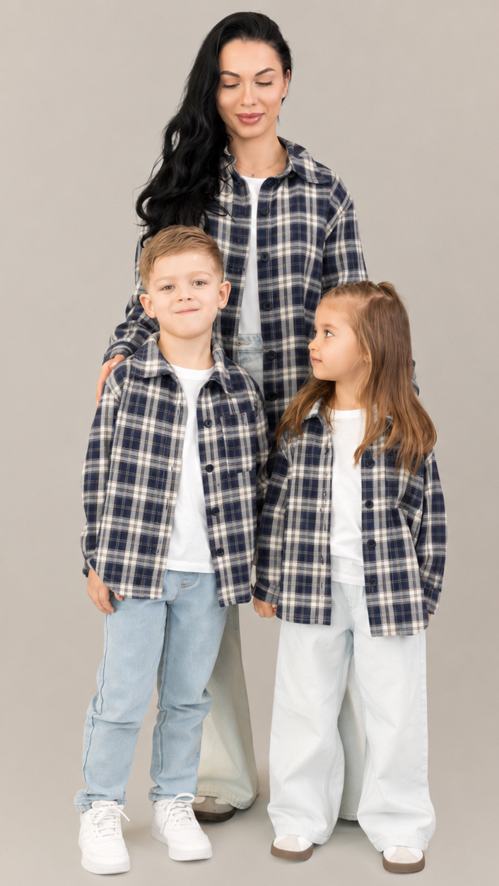 Set camasi mama copil in carouri bleumarin-crem, oversize