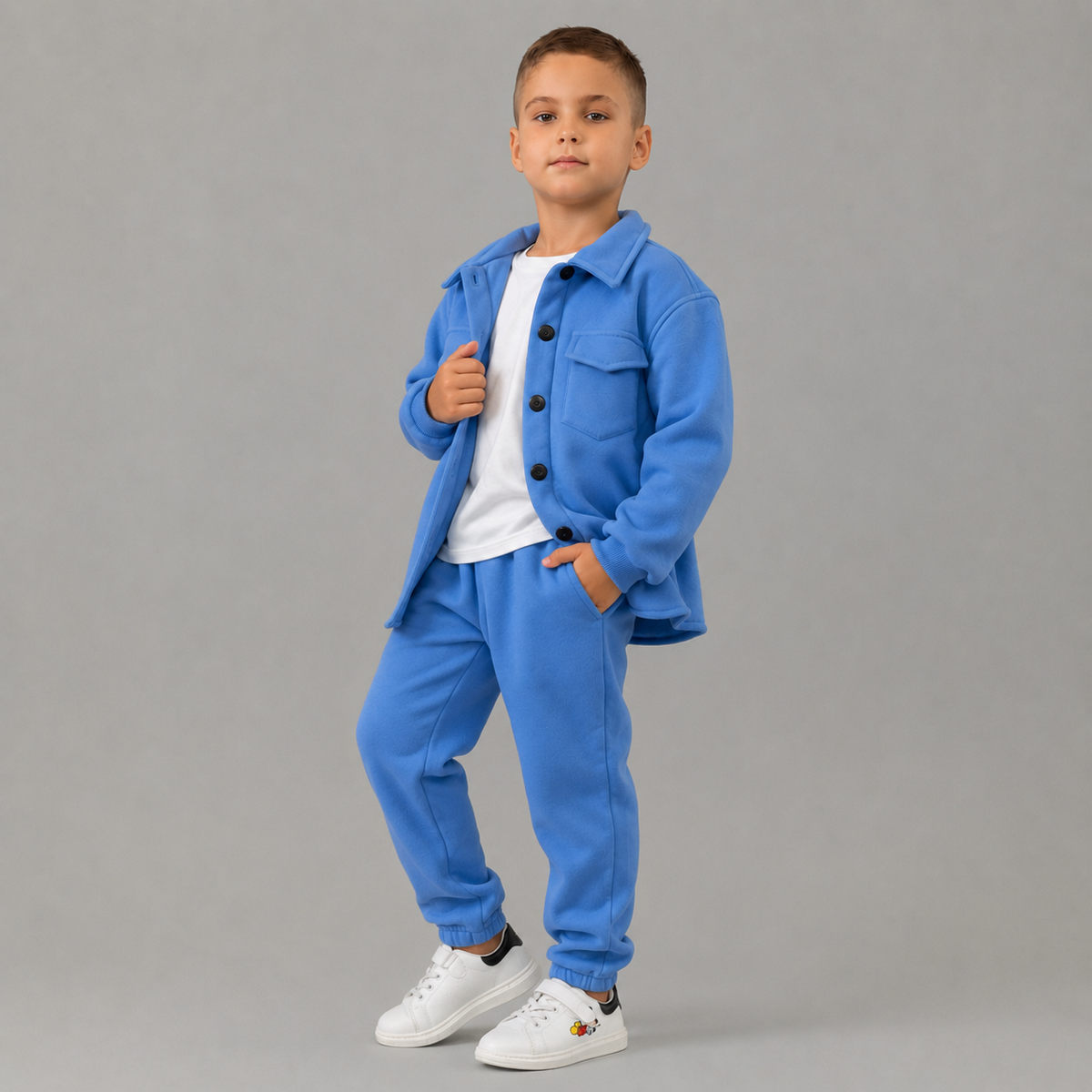 Trening baieti albastru format din jacheta tip camasa si pantaloni jogger