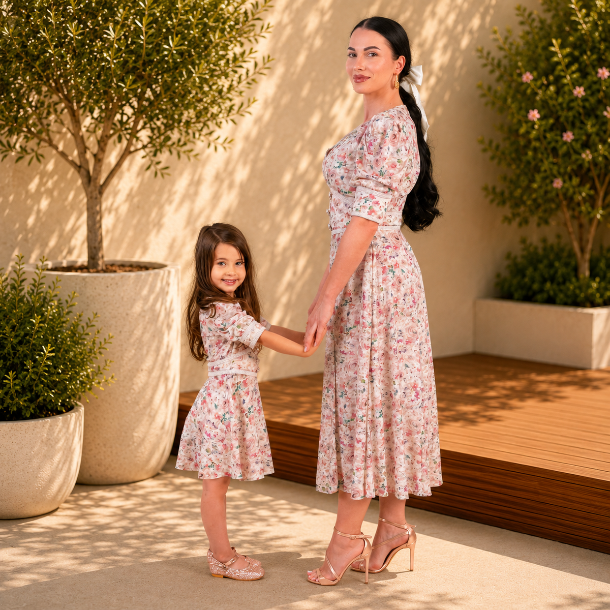 Set rochii mama fiica midi cu imprimeu floral roz