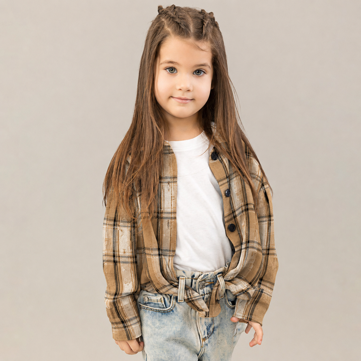 Camasa fete in carouri crem-negru, oversize, cu perforatii fine