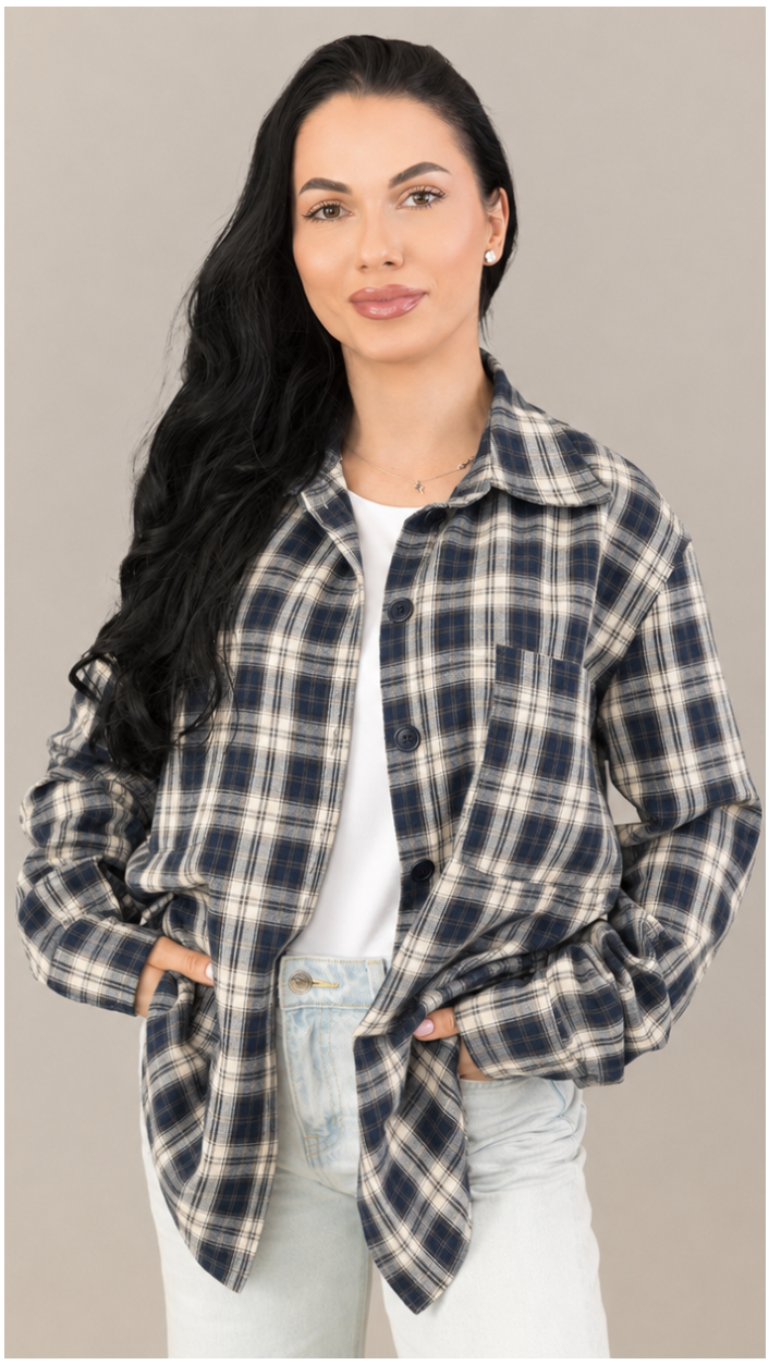 Set camasi mama copil in carouri bleumarin-crem, oversize