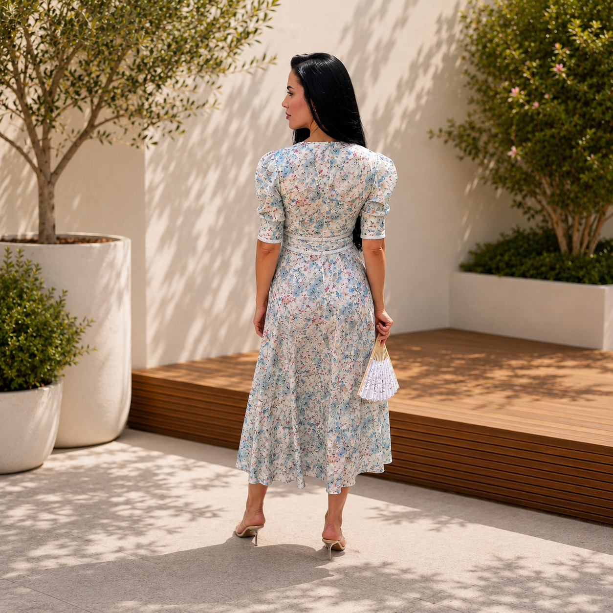 Rochie dama midi cu imprimeu floral bleu