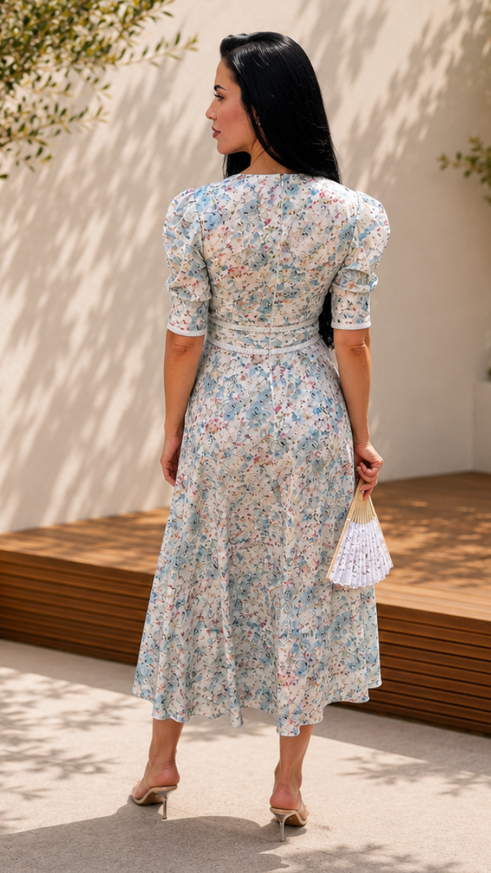 Rochie dama midi cu imprimeu floral bleu
