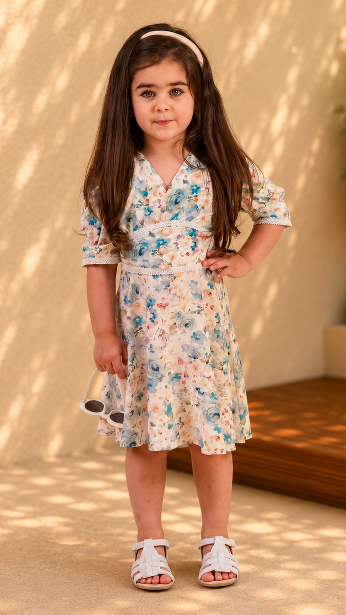 Rochie fete midi cu imprimeu floral bleu