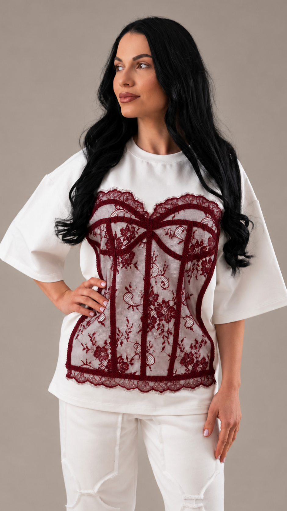 Tricou dama off white din bumbac premium cu corset din dantela burgundy
