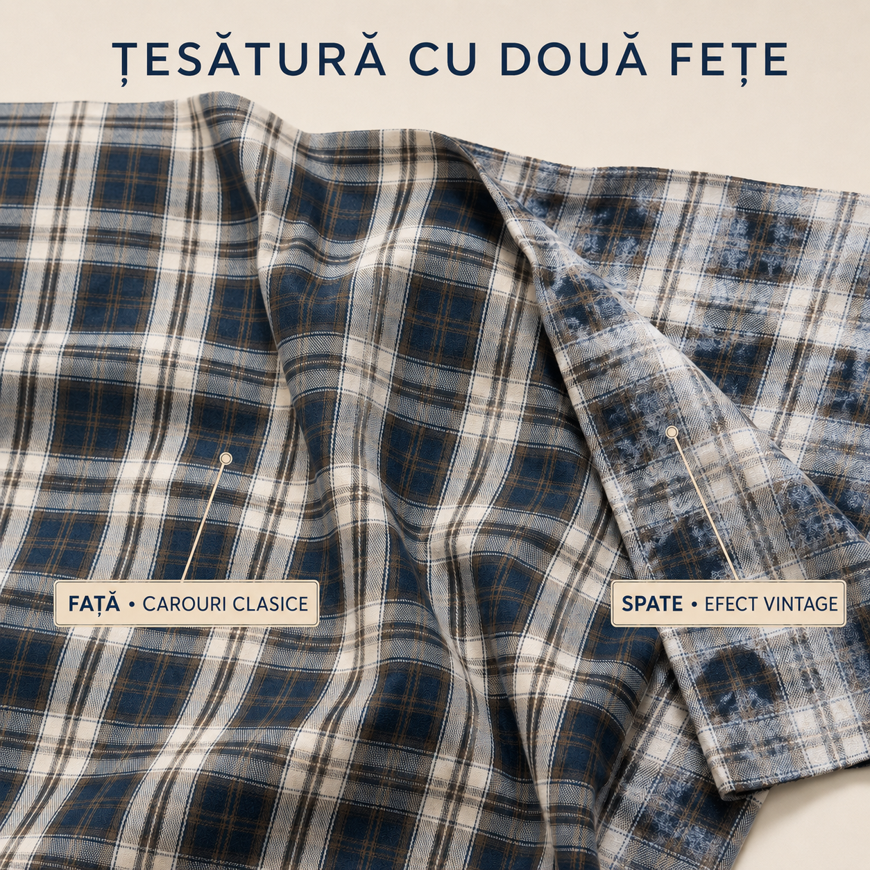 Camasa baieti in carouri bleumarin-crem, oversize