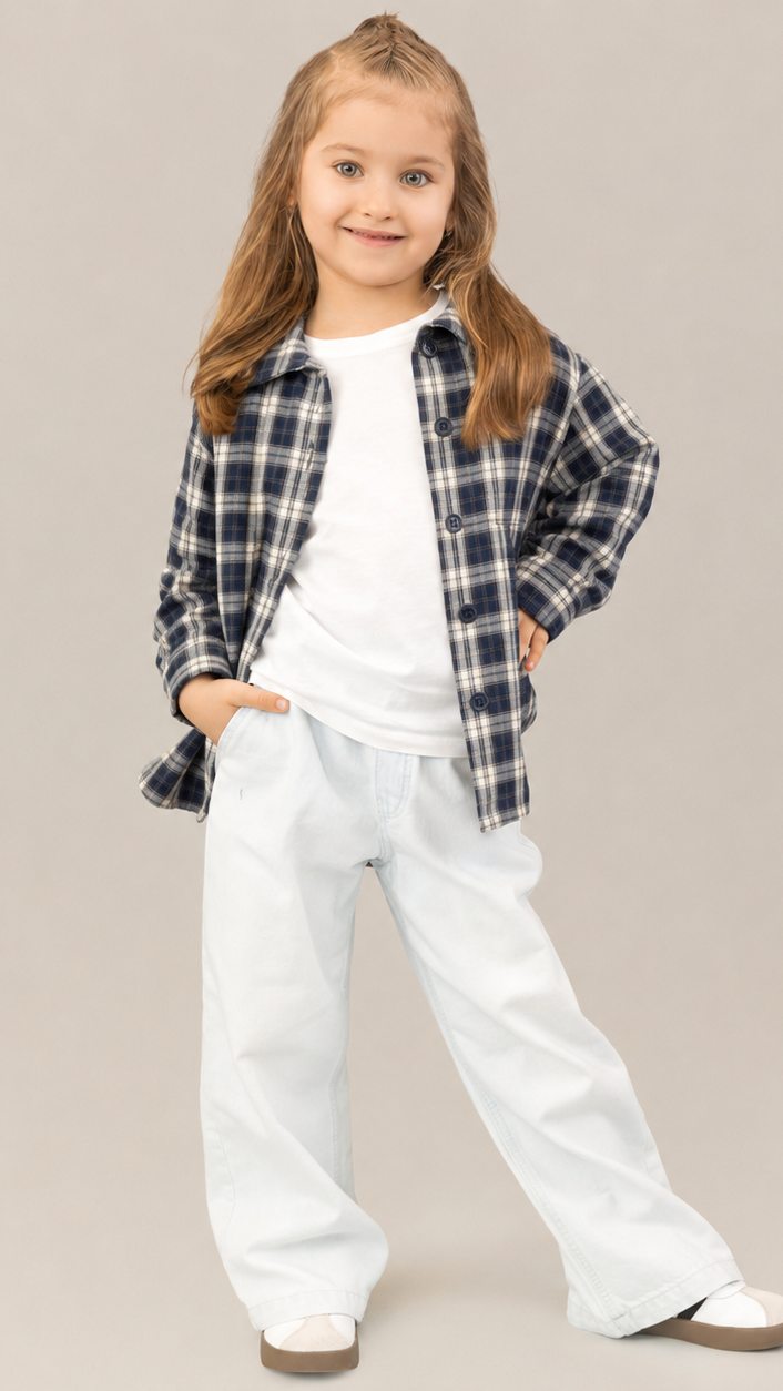 Camasa fete in carouri bleumarin - crem, oversize, cu perforatii fine