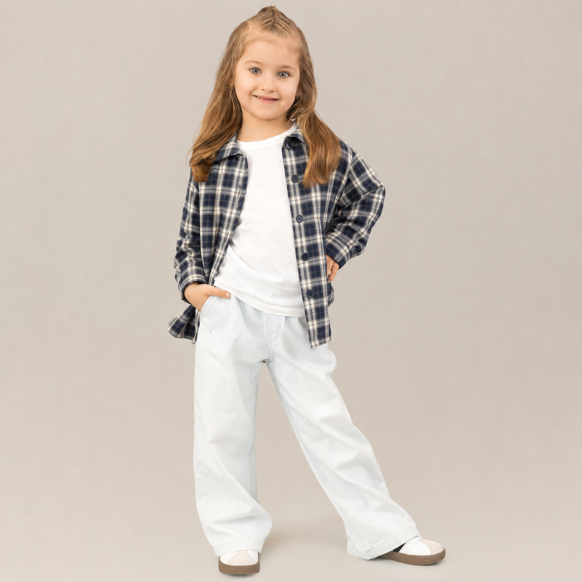 Camasa fete in carouri bleumarin - crem, oversize, cu perforatii fine