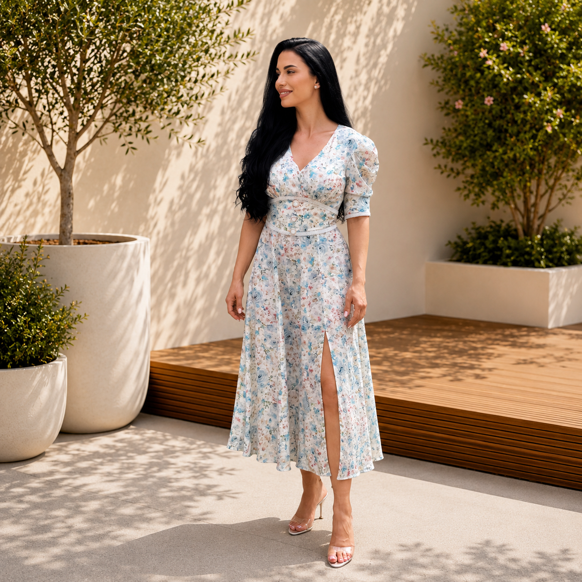 Rochie dama midi cu imprimeu floral bleu