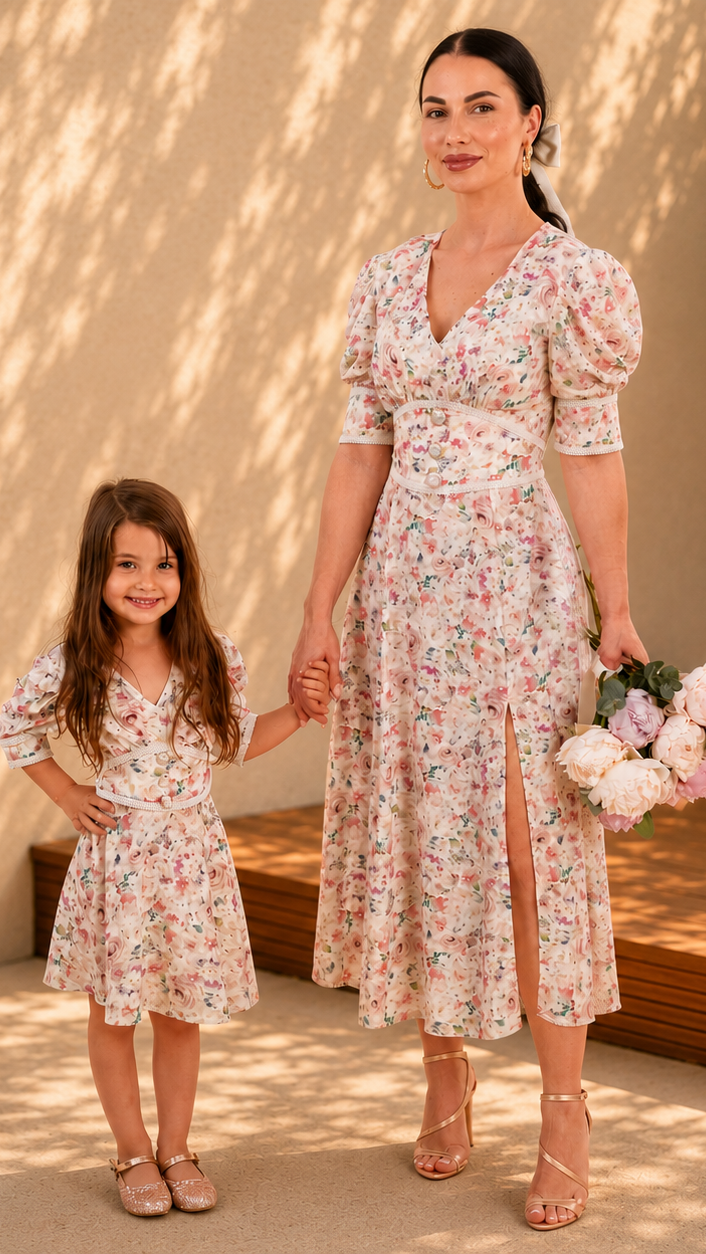 Set rochii mama fiica midi cu imprimeu floral roz