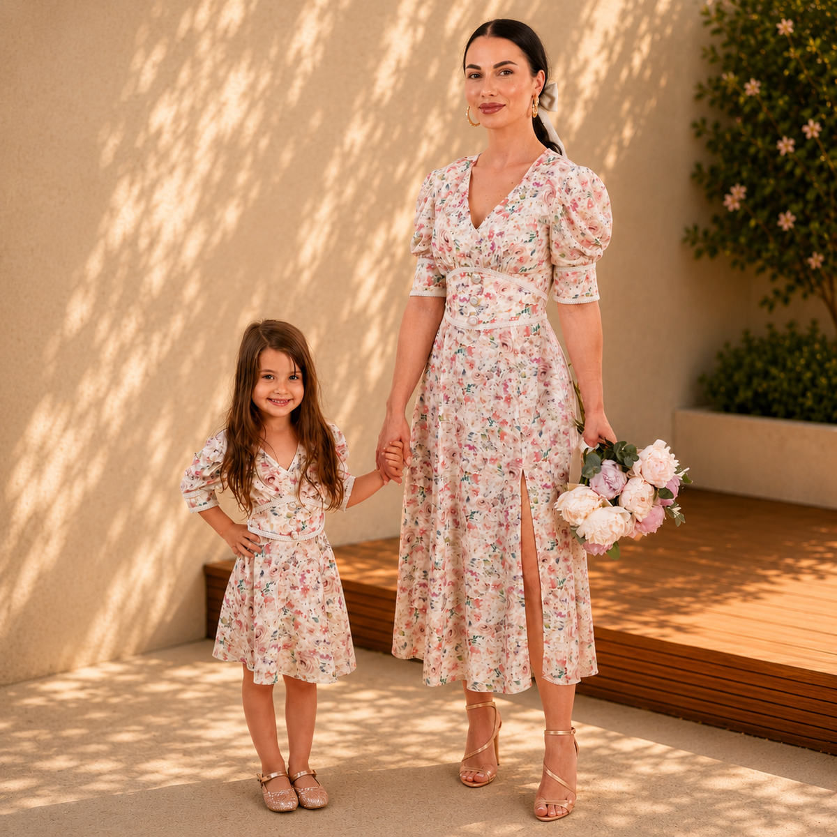 Set rochii mama fiica midi cu imprimeu floral roz