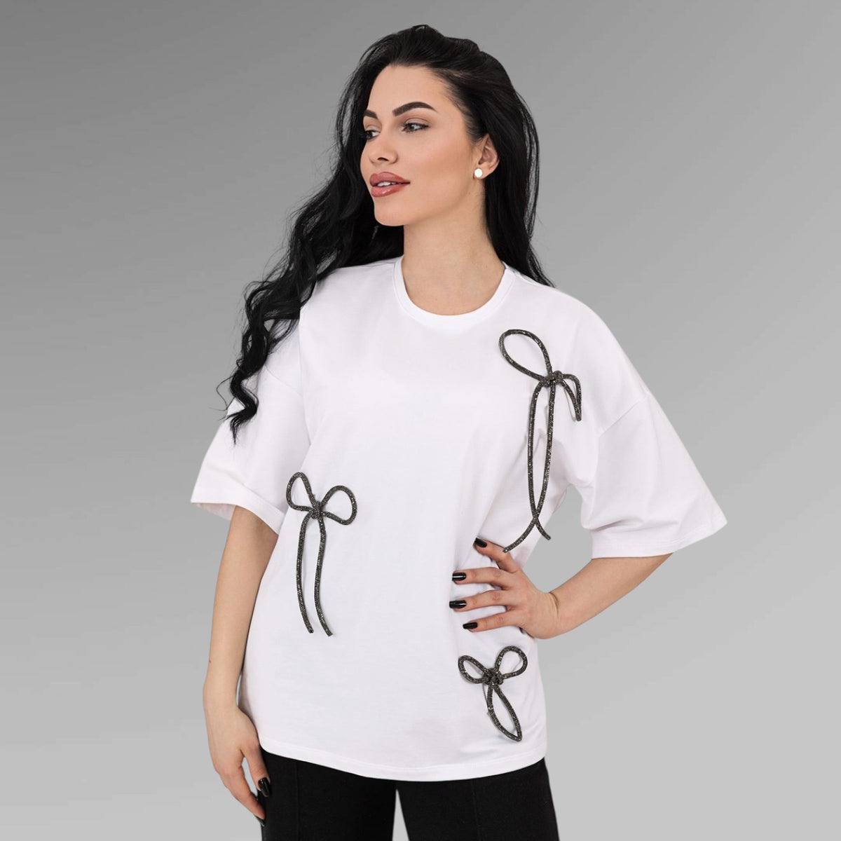 Set compleuri mama fiica alb-negru cu funde din strasuri