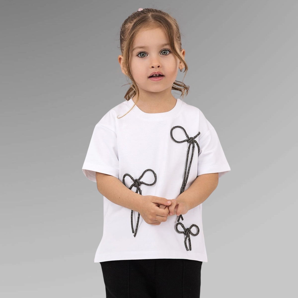 Set compleuri mama fiica alb-negru cu funde din strasuri