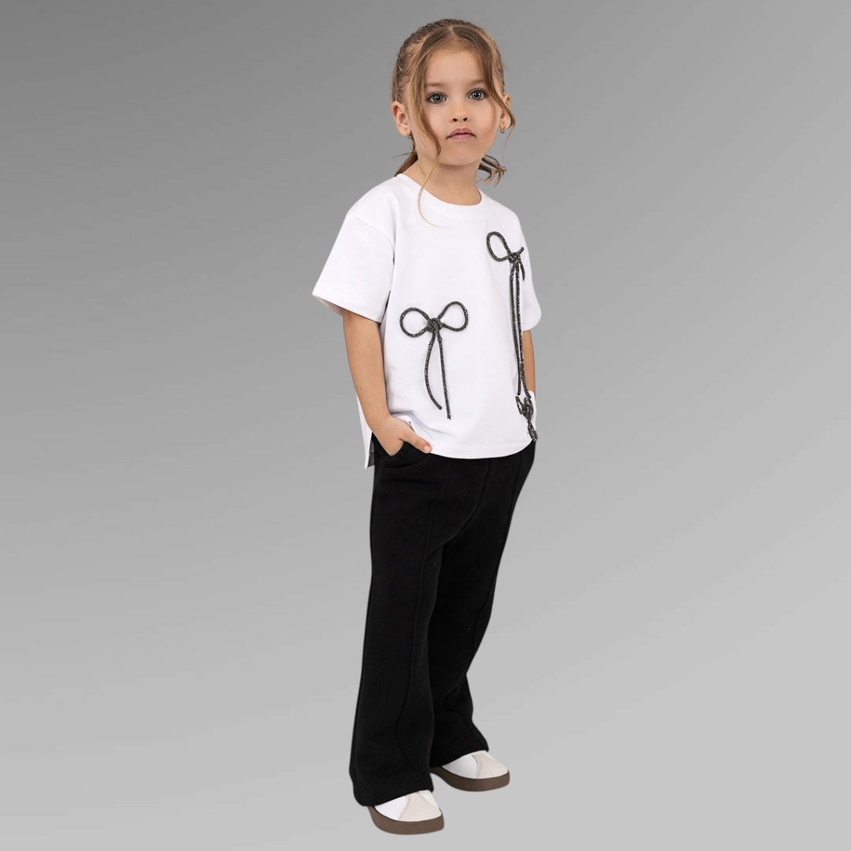 Set compleuri mama fiica alb-negru cu funde din strasuri