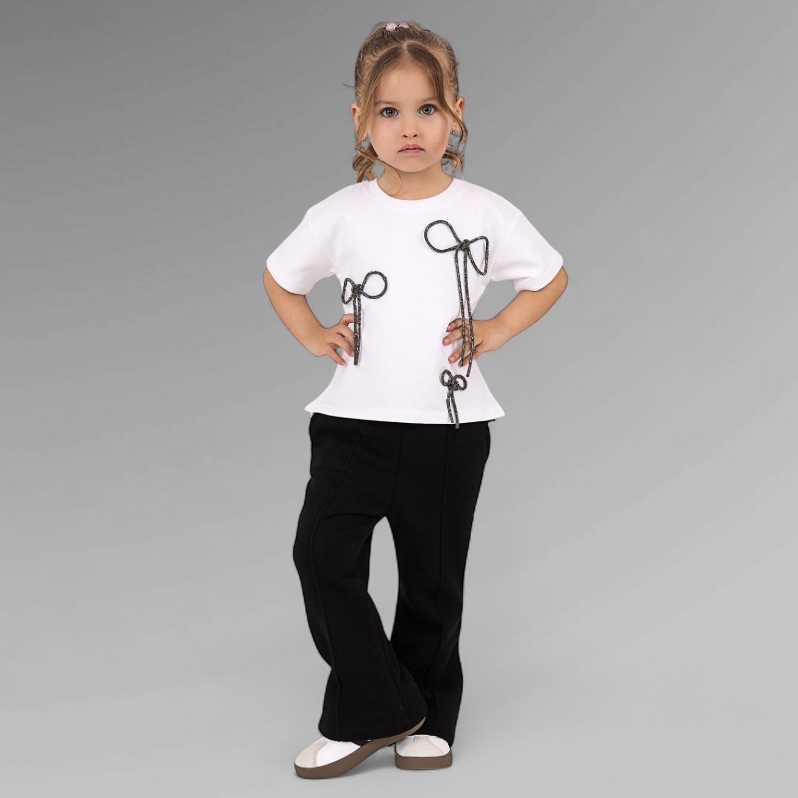 Set compleuri mama fiica alb-negru cu funde din strasuri