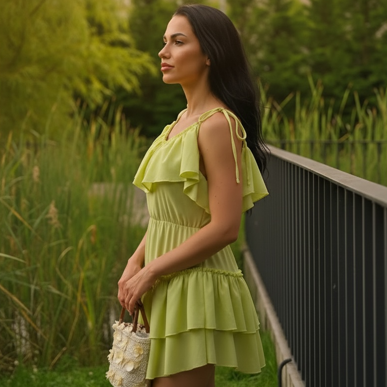 Rochie din in lime cu trena si volane