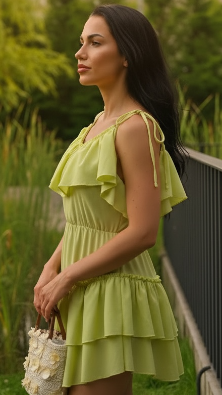 Rochie din in lime cu trena si volane