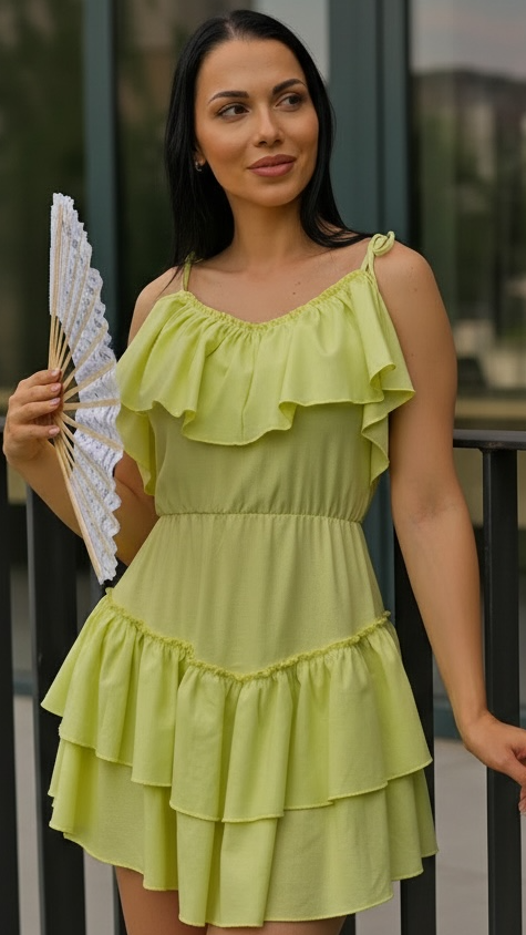 Rochie din in lime cu trena si volane