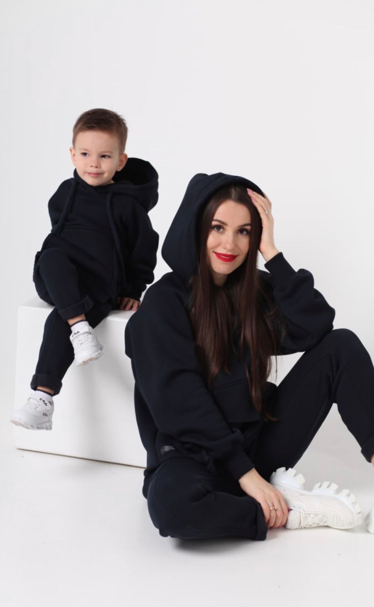 Set treninguri mama copil negru cu snur supradimensionat