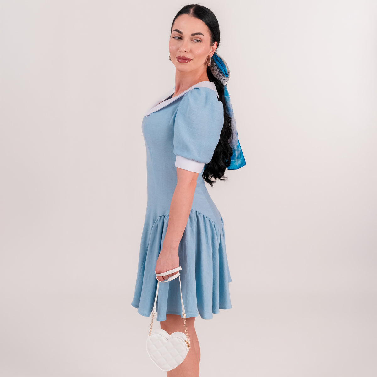 Rochie dama bleu din in cu guler alb si falduri