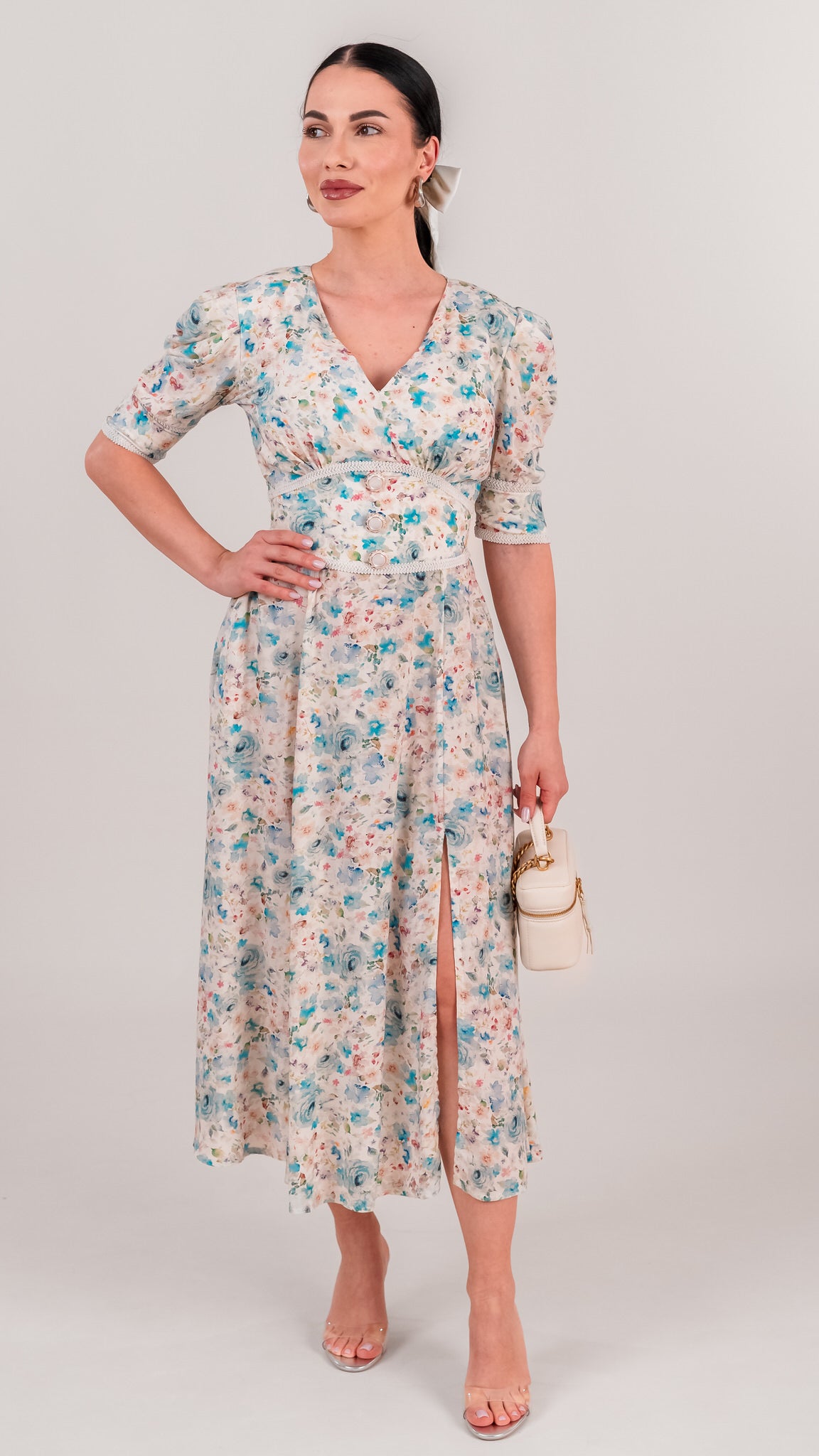Set rochii mama fiica midi cu imprimeu floral bleu