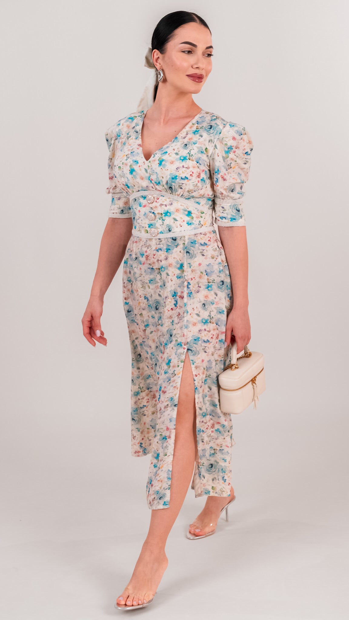 Set rochii mama fiica midi cu imprimeu floral bleu