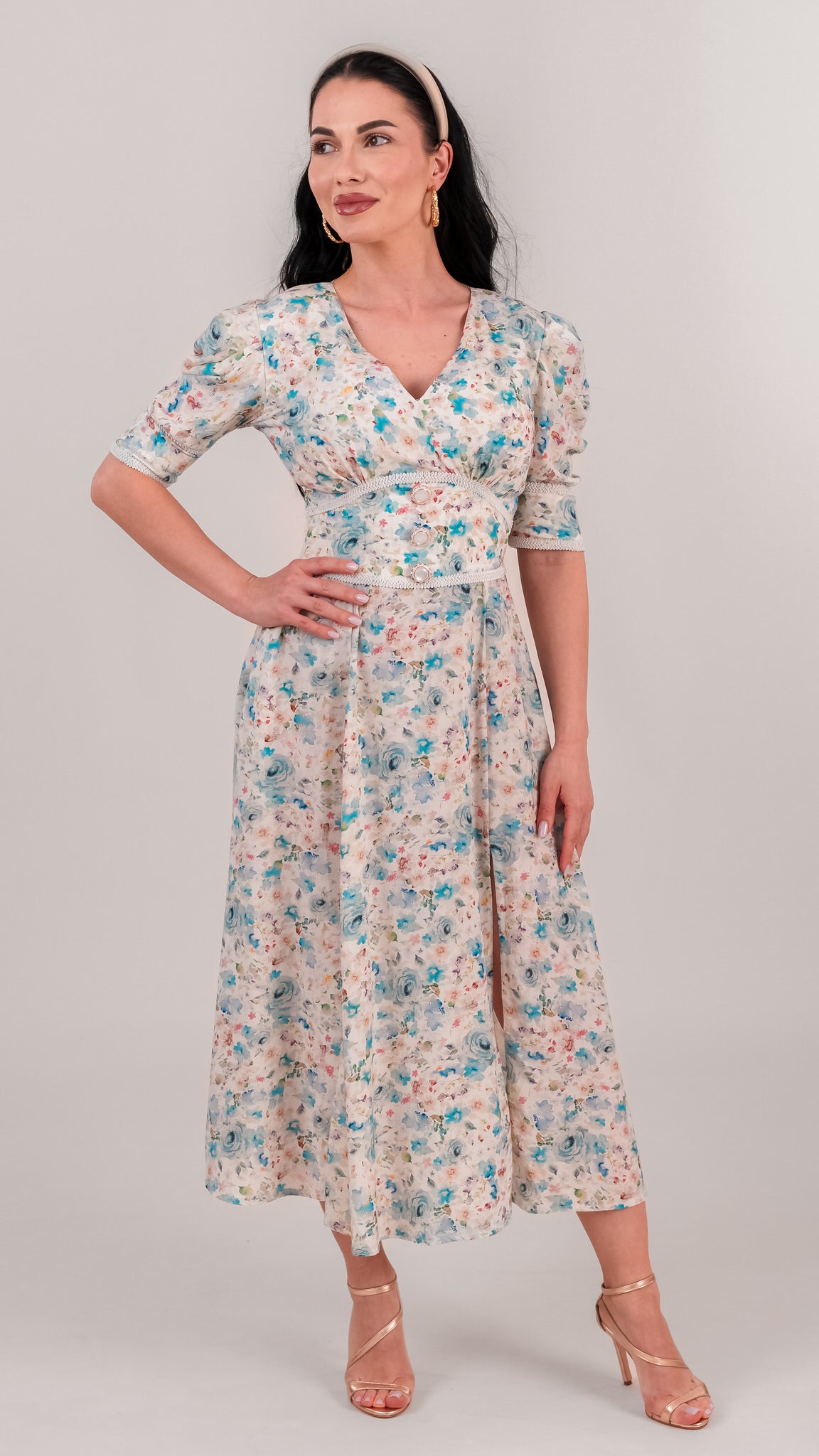 Set rochii mama fiica midi cu imprimeu floral bleu